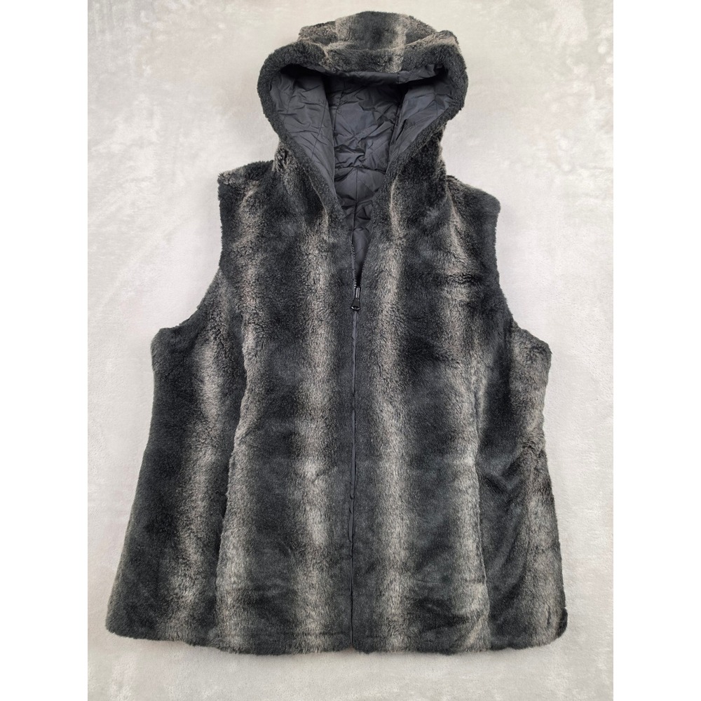 Kristen Blake Faux Fur Vest Women L Reversible Hooded Full Zip Sleeveless Jacket